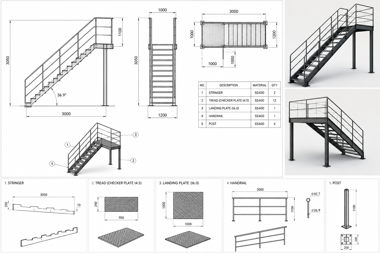 BẢN VẼ 2D & 3D CẦU THANG THÉP